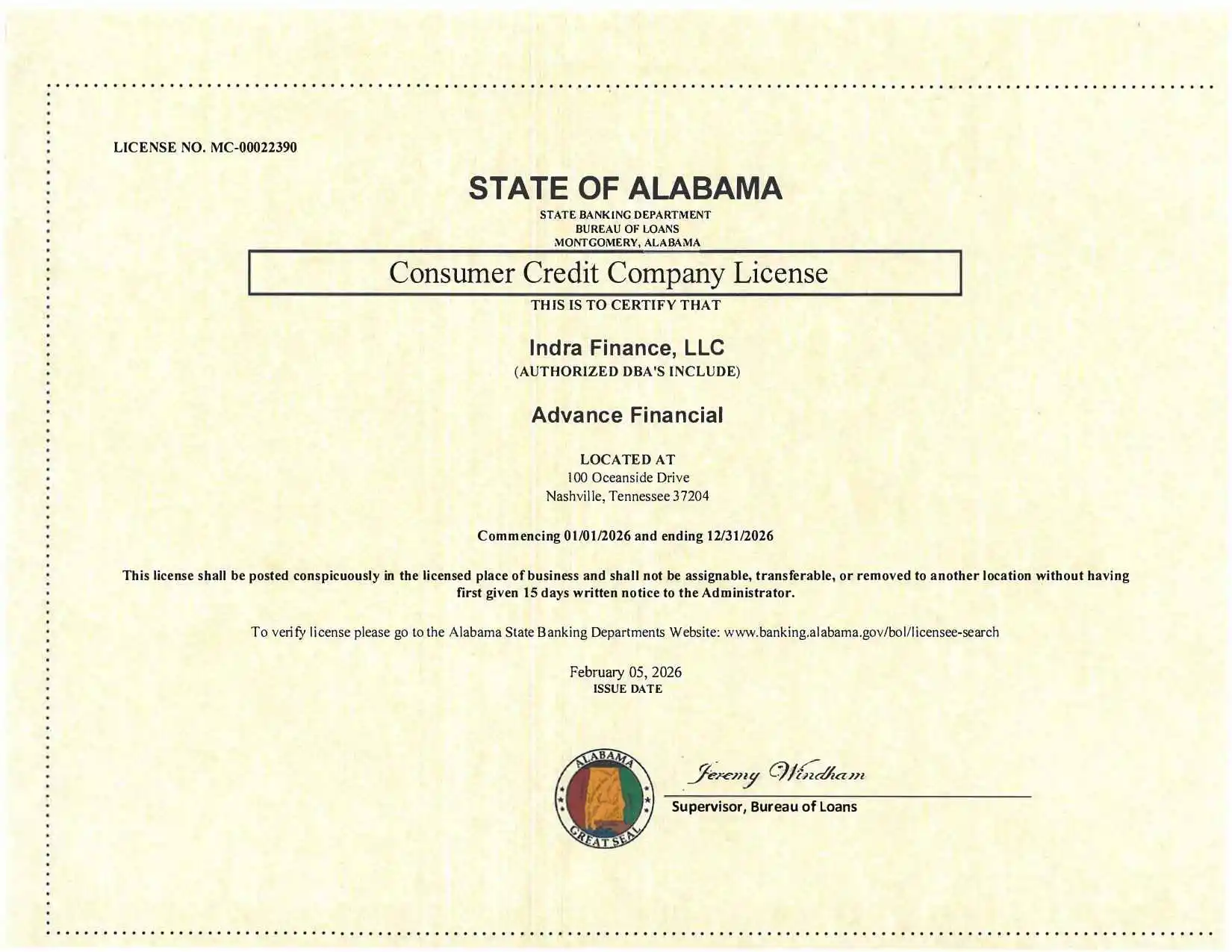 Advance Financial Alabama License
