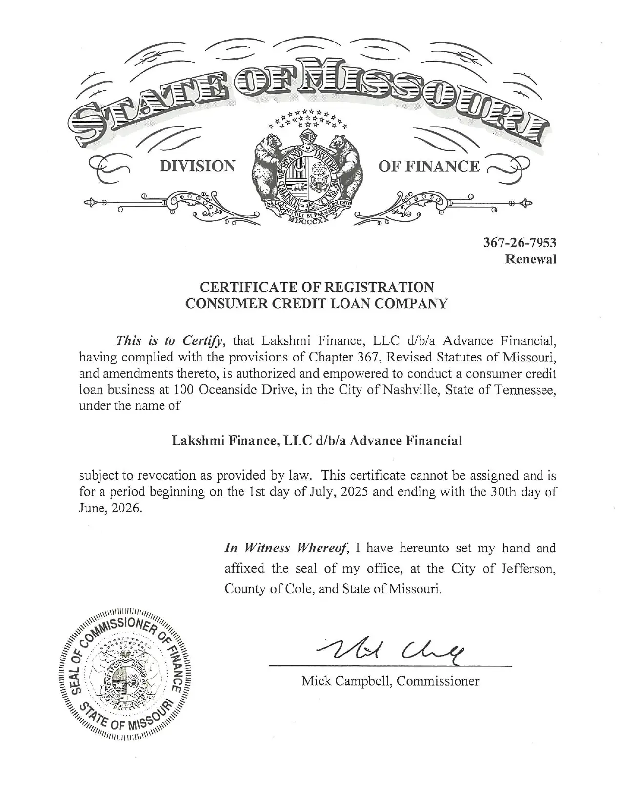 Advance Financial Missouri License