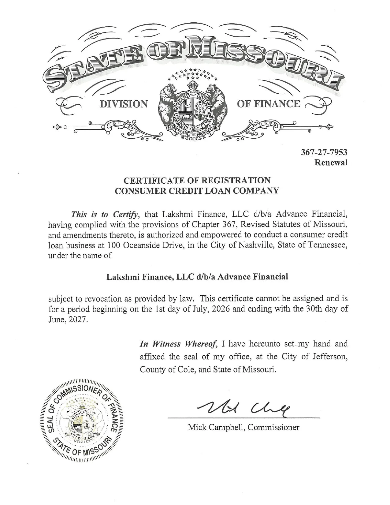Advance Financial Missouri License