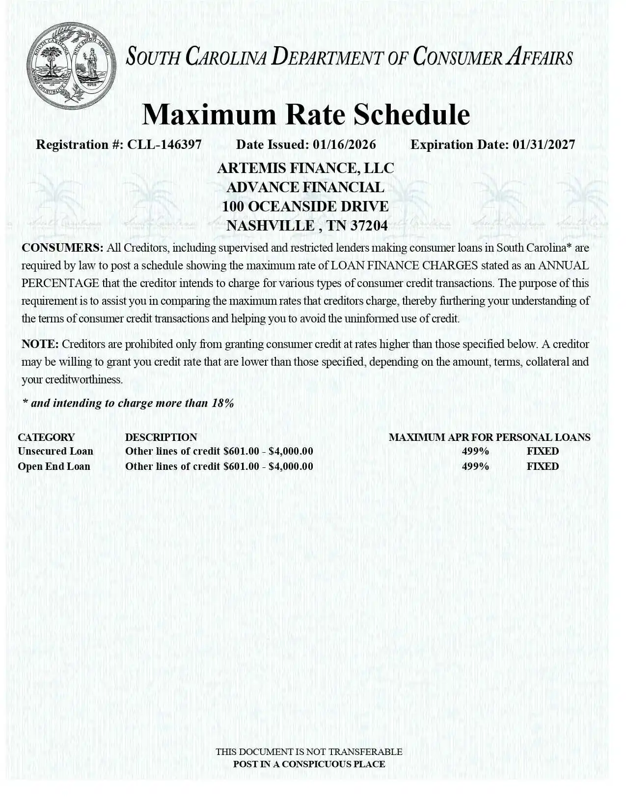 Advance Financial South Carolina Max Rate Loan Website Certificate