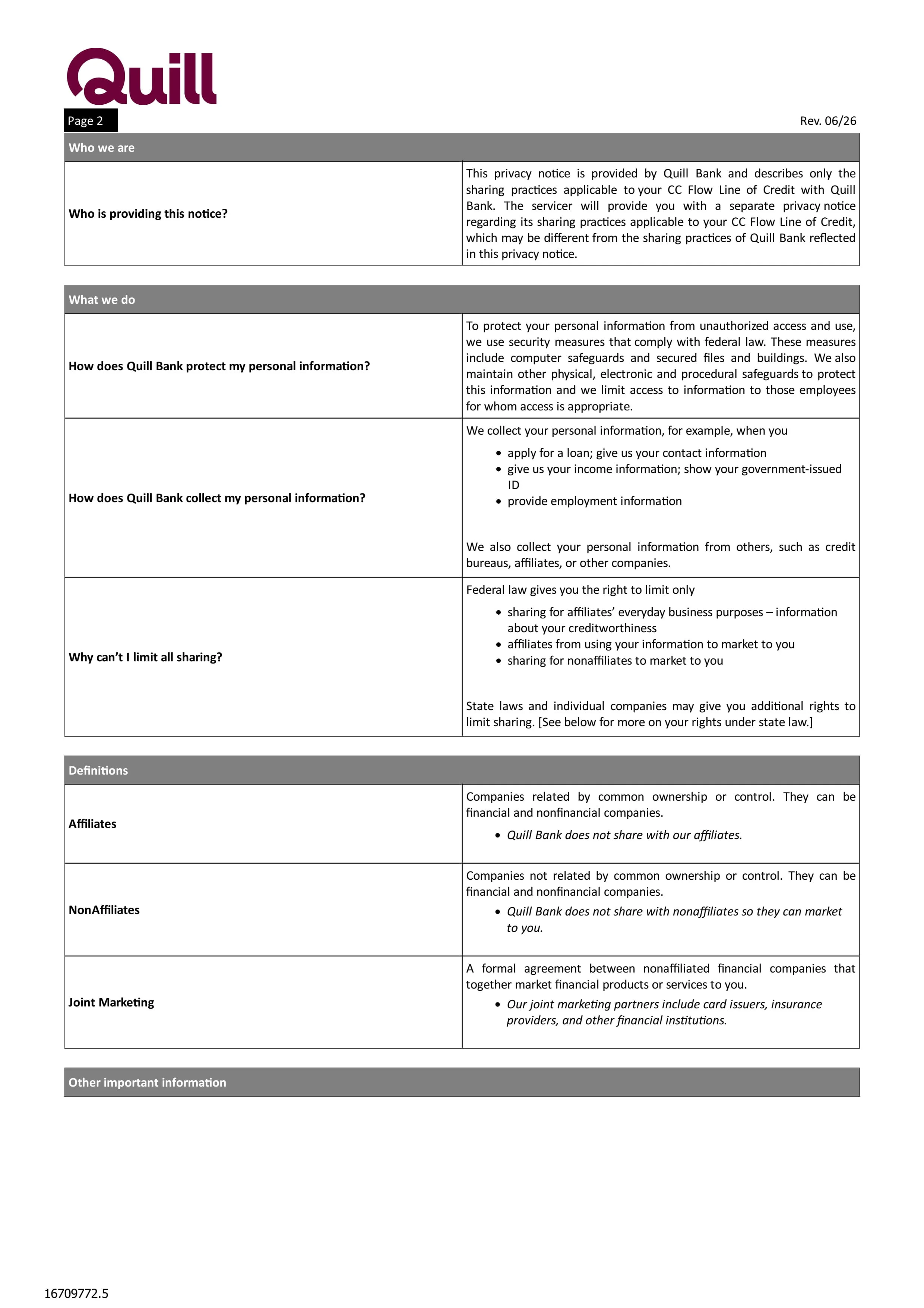 Quill Bank Privacy Policy